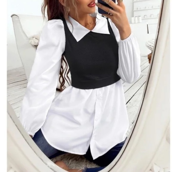 Solid Vest Over Shirt Button Detail Collar Blouse - Picture 8 of 8